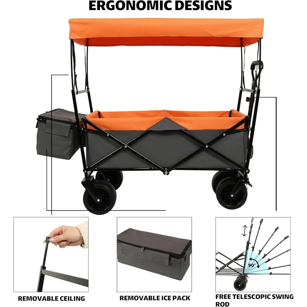 480Lbs Collapsible Wagon with Canopy, Lightweight Foldable Wagon, Large Capacity with Mosquito Net for Camping, Shopping, Sports