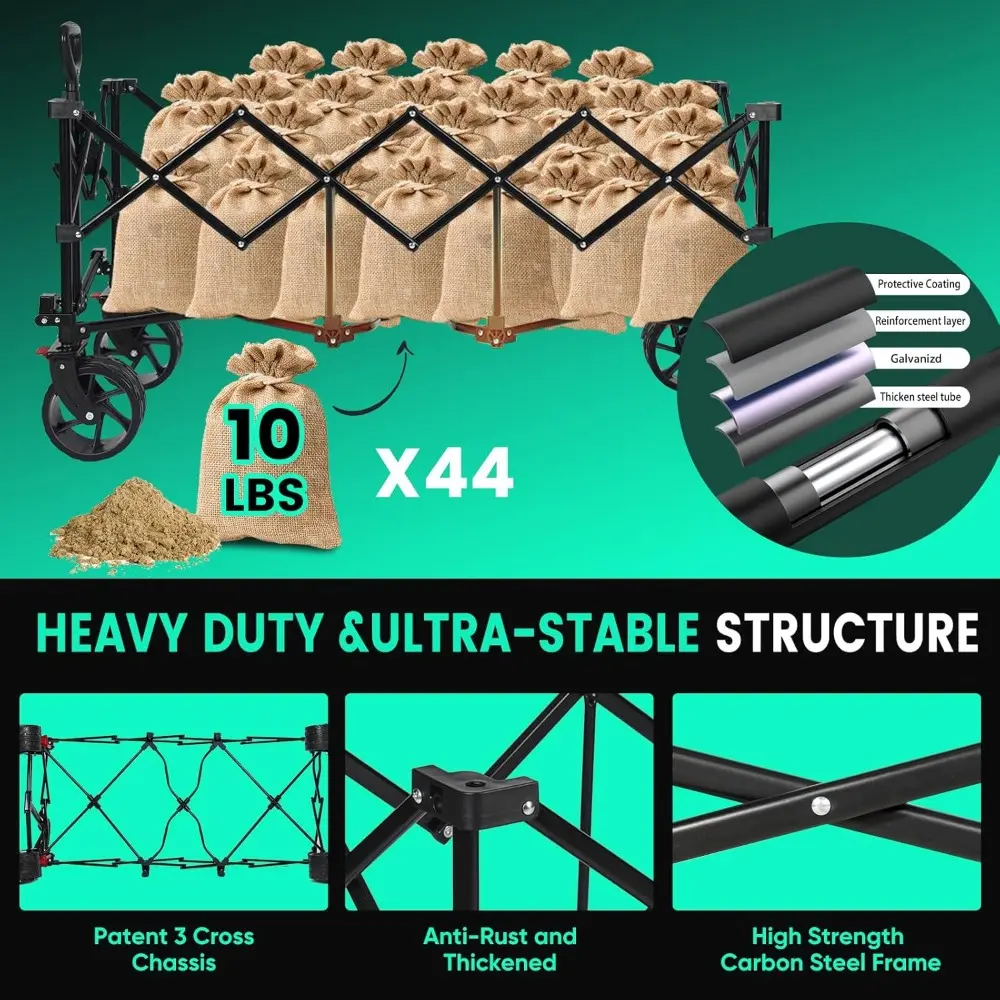 48''L Collapsible Foldable Extended Wagon with 440lbs Weight Capacity, Heavy Duty 300L Folding Utility Garden Cart with Big All