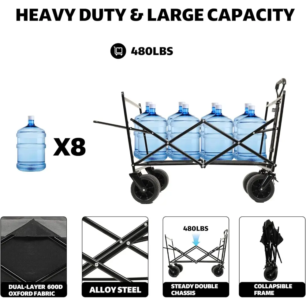 480Lbs Collapsible Wagon with Canopy, Lightweight Foldable Wagon, Large Capacity with Mosquito Net for Camping, Shopping, Sports