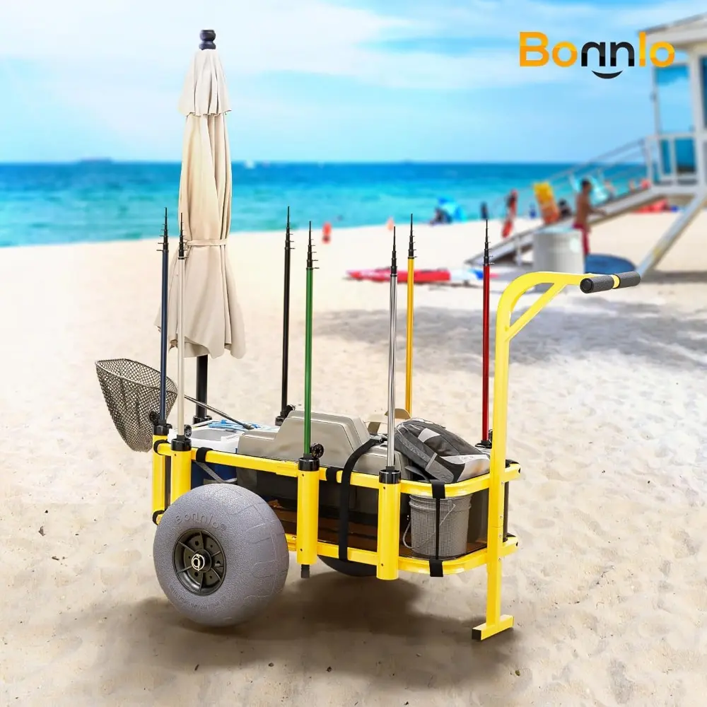 Fishing Cart, Beach Wagon with 13" Big Wheels for Sand, Beach Cart, 300 lbs Load Capacity, 8 Fishing Rods Holders, Mesh Bag, Ha