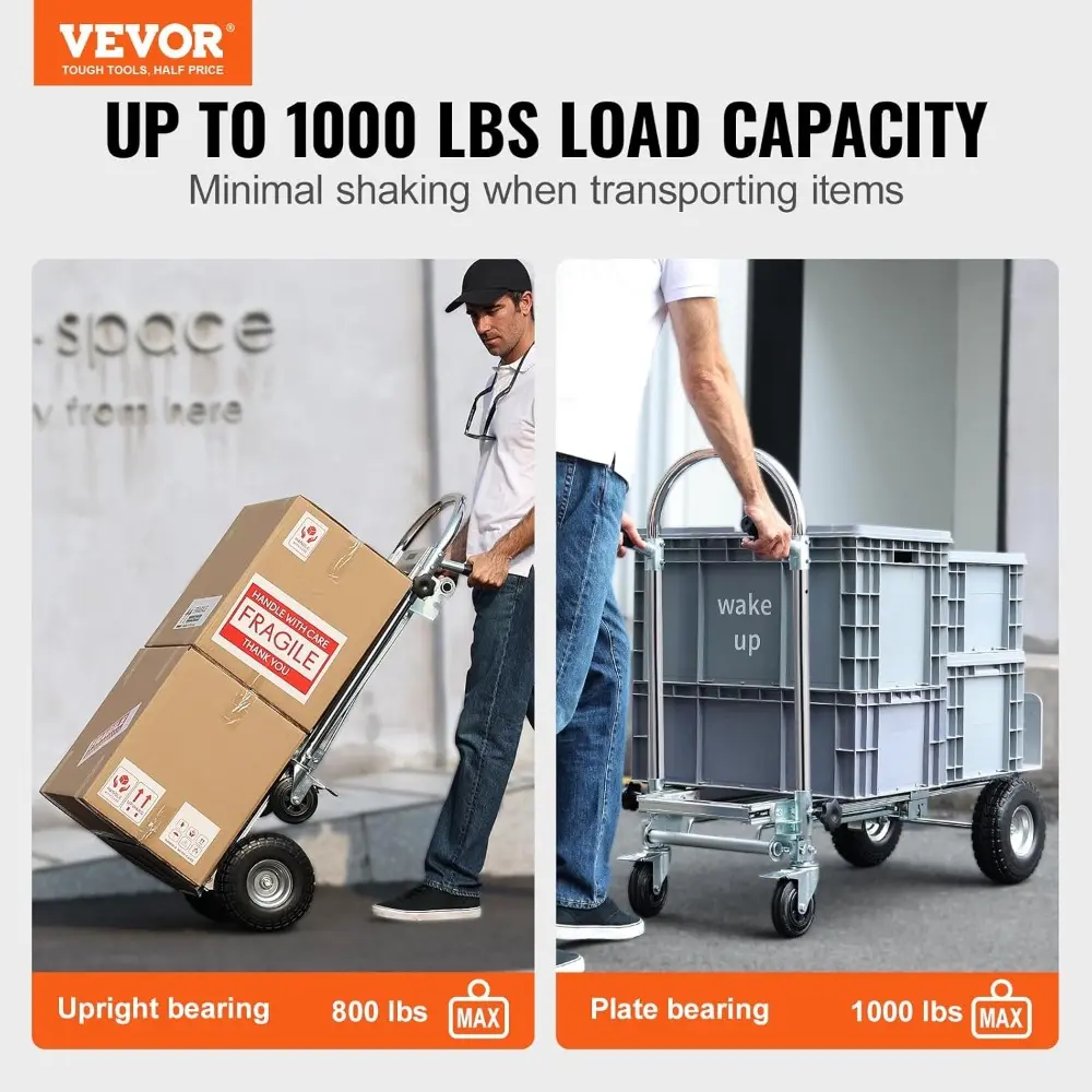 Aluminum Folding Hand Truck, 4 in 1 Design 1000 lbs Capacity, Heavy Duty Industrial Collapsible cart, Dolly Cart with Rubber Wh