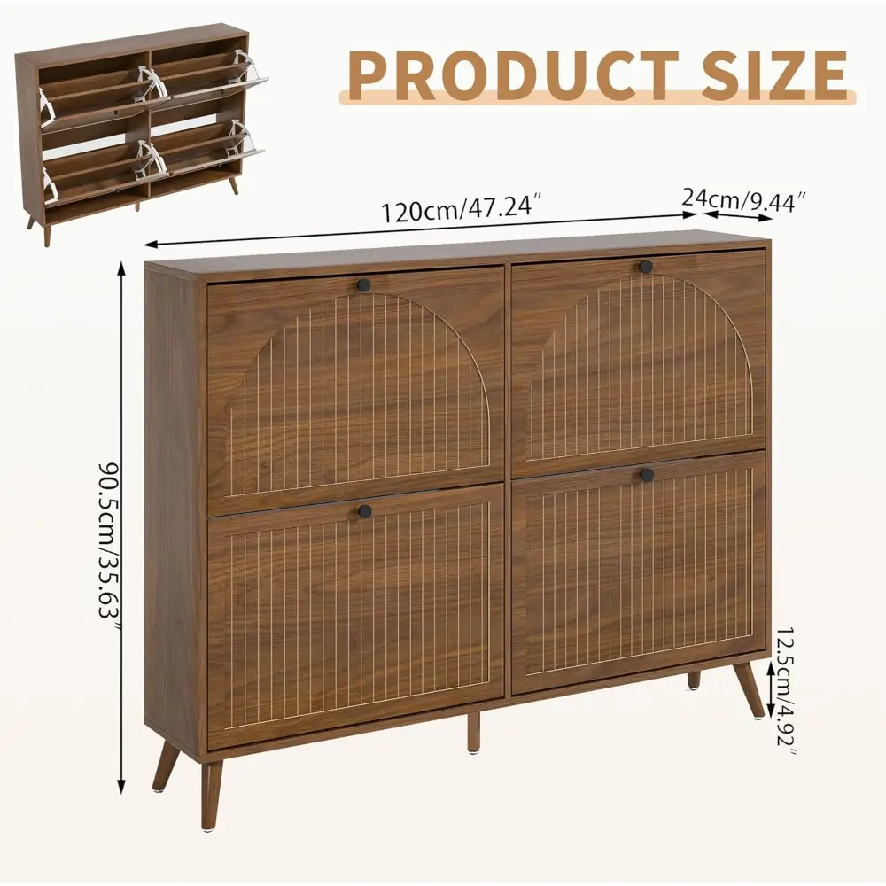 Shoe Storage Cabinet for Entryway with 4 Flip Drawers, Narrow Shoe Organizer with Fluted Panel, Freestanding Wood Hidden Shoe Ca