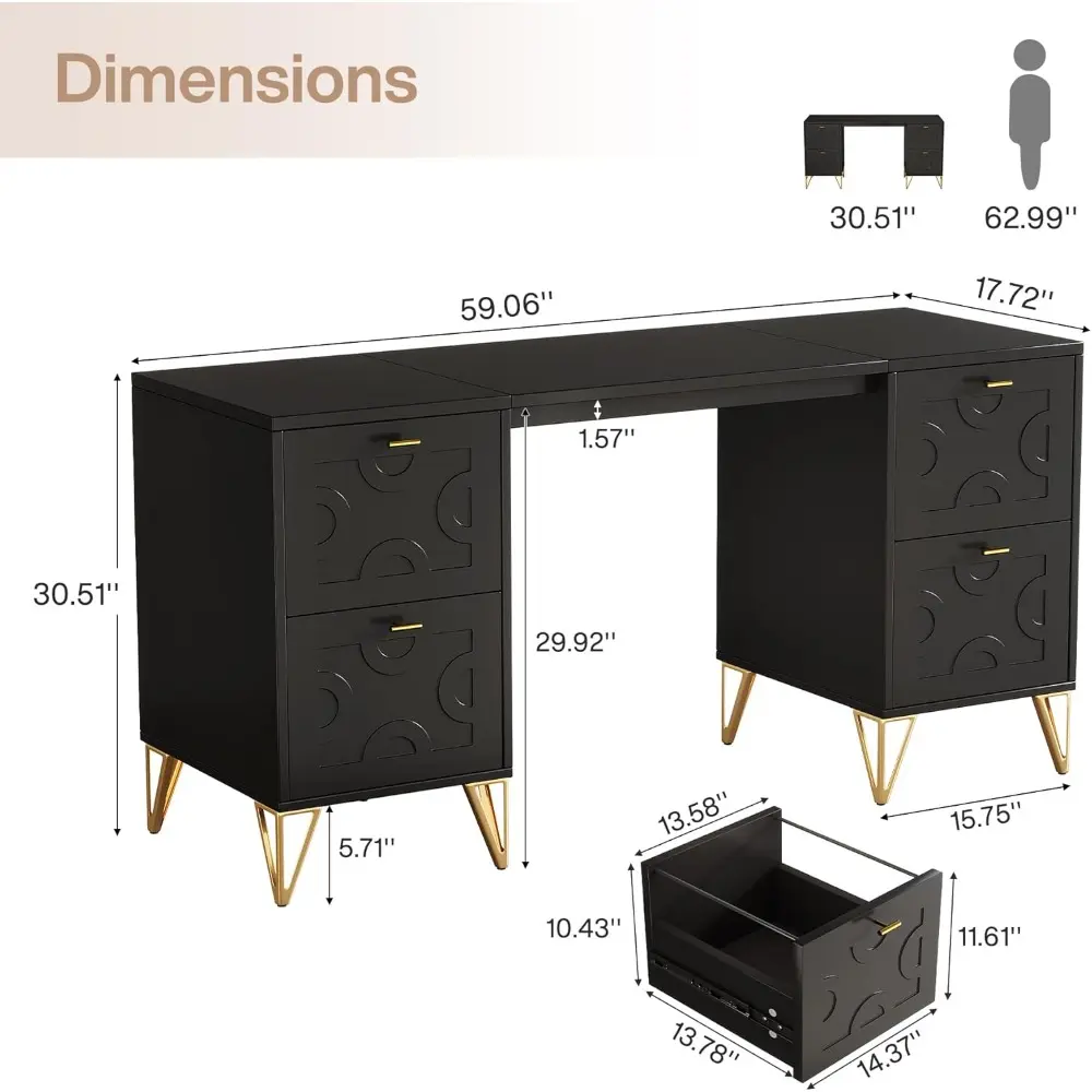 59-Inch Black Executive Computer Desk with 4 File Drawers Storage, Modern Writing Table, Luxury Desk with Gold Legs for Home Of