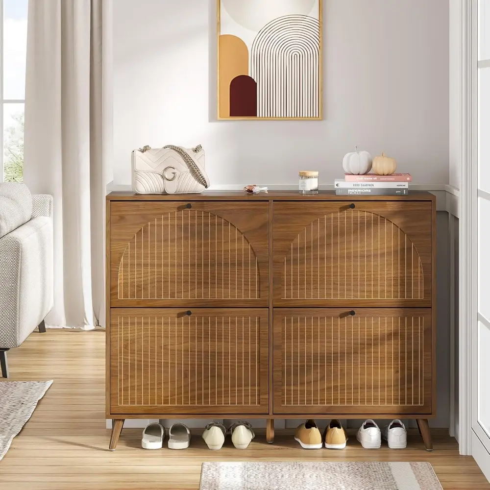 Shoe Storage Cabinet for Entryway with 4 Flip Drawers, Narrow Shoe Organizer with Fluted Panel, Freestanding Wood Hidden Shoe Ca