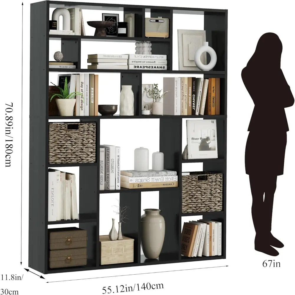 71" H Large Bookcase with 6 Open Shelves & 2 Baskets - Heavy Duty Storage Shelf for Home Office, Living Room Decor, Freestandin