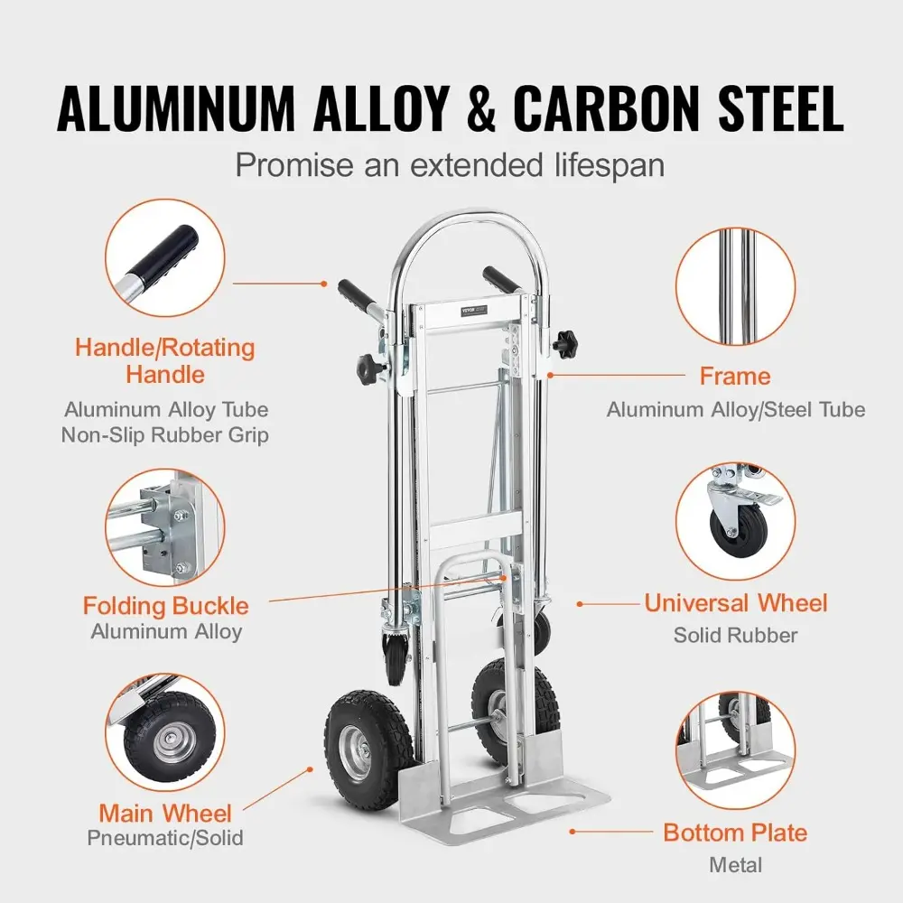 Aluminum Folding Hand Truck, 4 in 1 Design 1000 lbs Capacity, Heavy Duty Industrial Collapsible cart, Dolly Cart with Rubber Wh