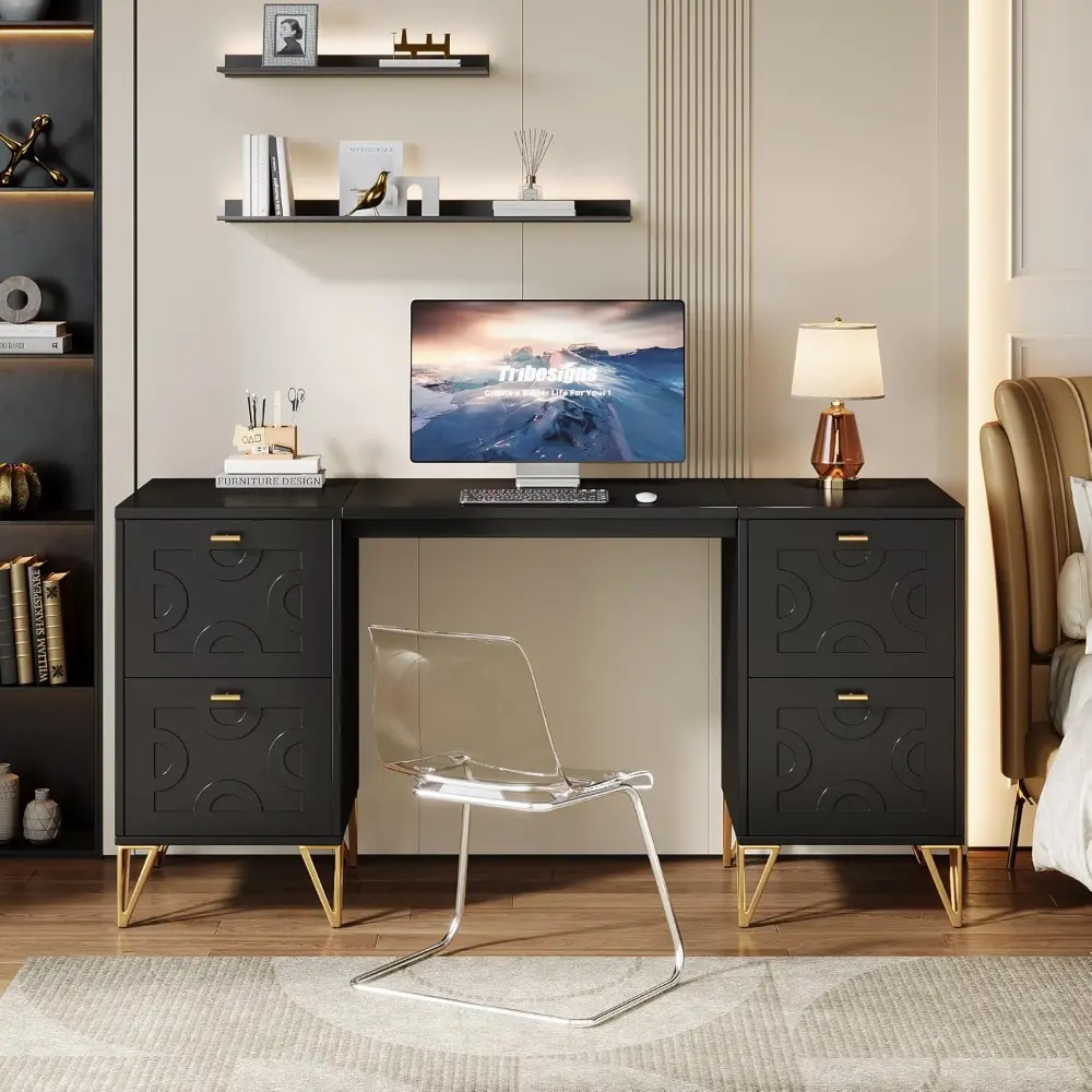 59-Inch Black Executive Computer Desk with 4 File Drawers Storage, Modern Writing Table, Luxury Desk with Gold Legs for Home Of