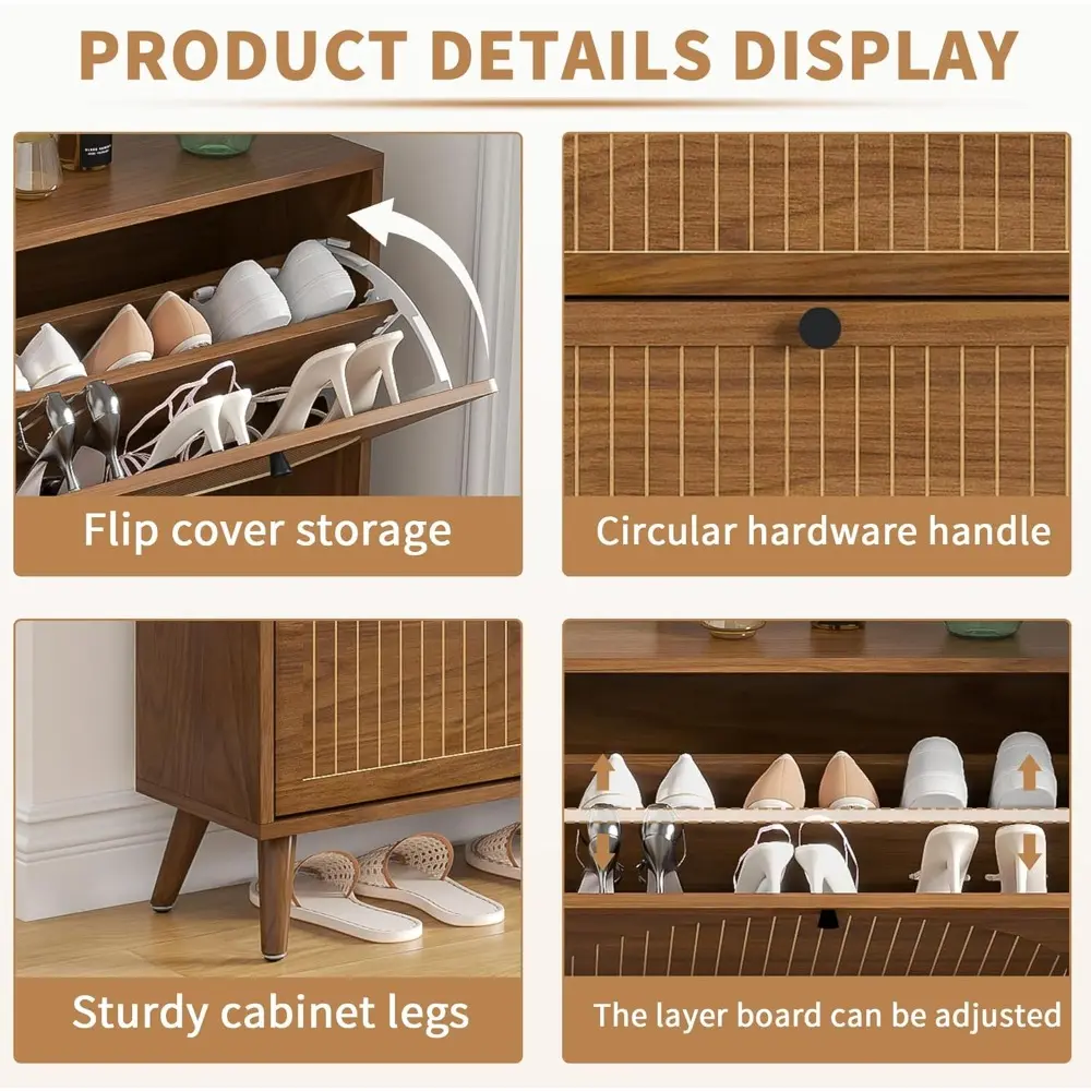 Shoe Storage Cabinet for Entryway with 4 Flip Drawers, Narrow Shoe Organizer with Fluted Panel, Freestanding Wood Hidden Shoe Ca