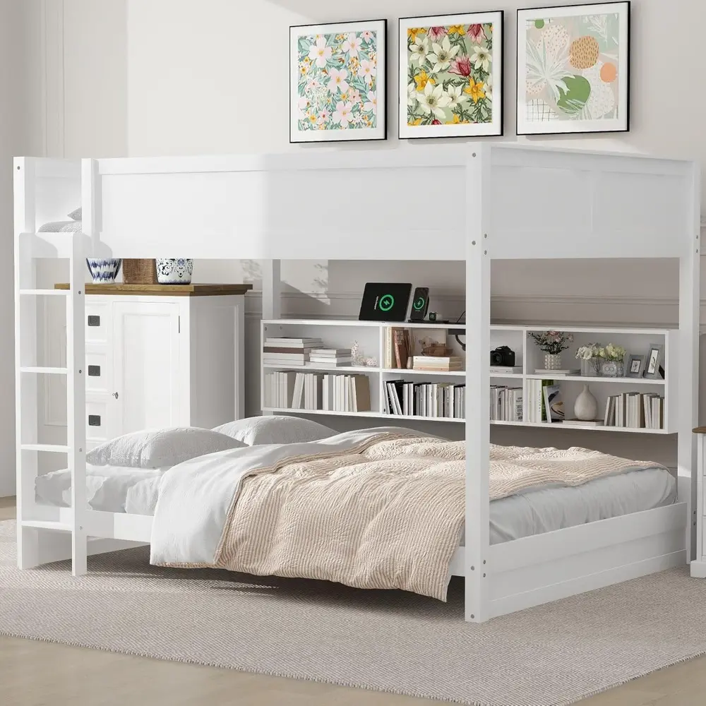 Harper & Bright Designs Queen Over Queen Bunk Bed with Storage Cabinets and USB Ports, Solid Wood Bunk Bed Frame with Built-in S