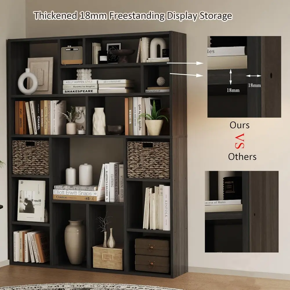 71" H Large Bookcase with 6 Open Shelves & 2 Baskets - Heavy Duty Storage Shelf for Home Office, Living Room Decor, Freestandin