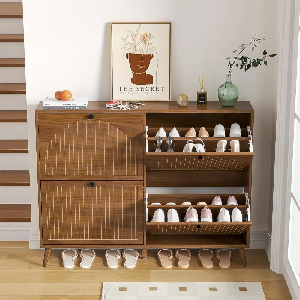 Shoe Storage Cabinet for Entryway with 4 Flip Drawers, Narrow Shoe Organizer with Fluted Panel, Freestanding Wood Hidden Shoe Ca