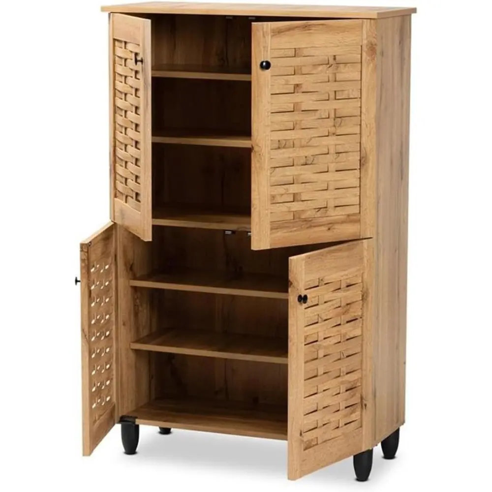 Winda Modern and Contemporary Oak Brown Finished Wood 4-Door Shoe Storage Cabinet
