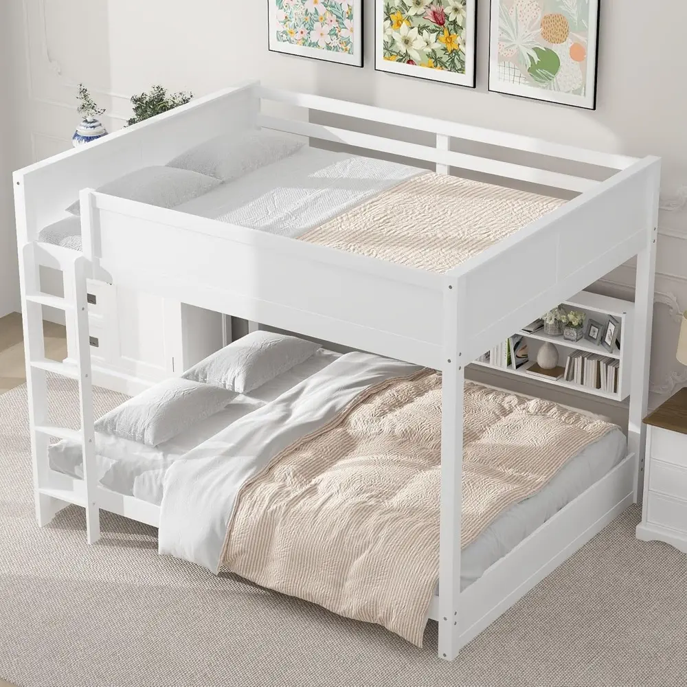 Harper & Bright Designs Queen Over Queen Bunk Bed with Storage Cabinets and USB Ports, Solid Wood Bunk Bed Frame with Built-in S