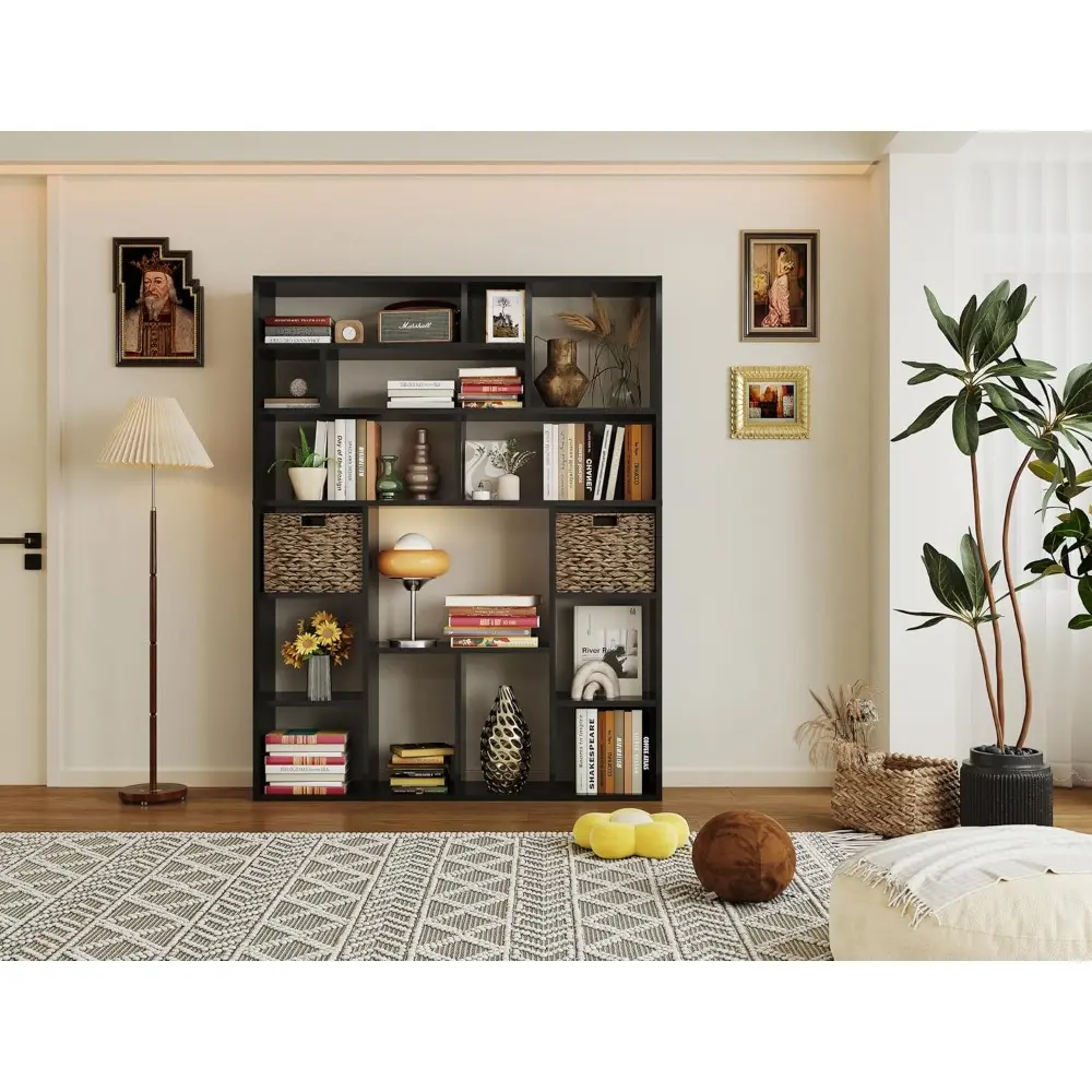 71" H Large Bookcase with 6 Open Shelves & 2 Baskets - Heavy Duty Storage Shelf for Home Office, Living Room Decor, Freestandin
