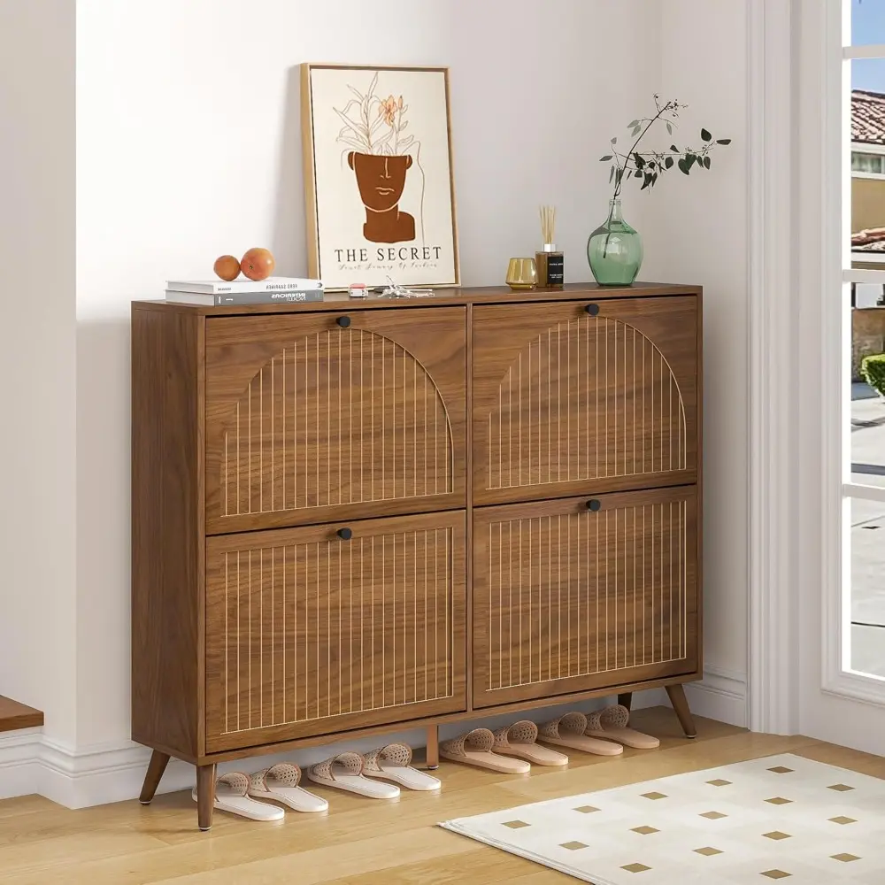 Shoe Storage Cabinet for Entryway with 4 Flip Drawers, Narrow Shoe Organizer with Fluted Panel, Freestanding Wood Hidden Shoe Ca