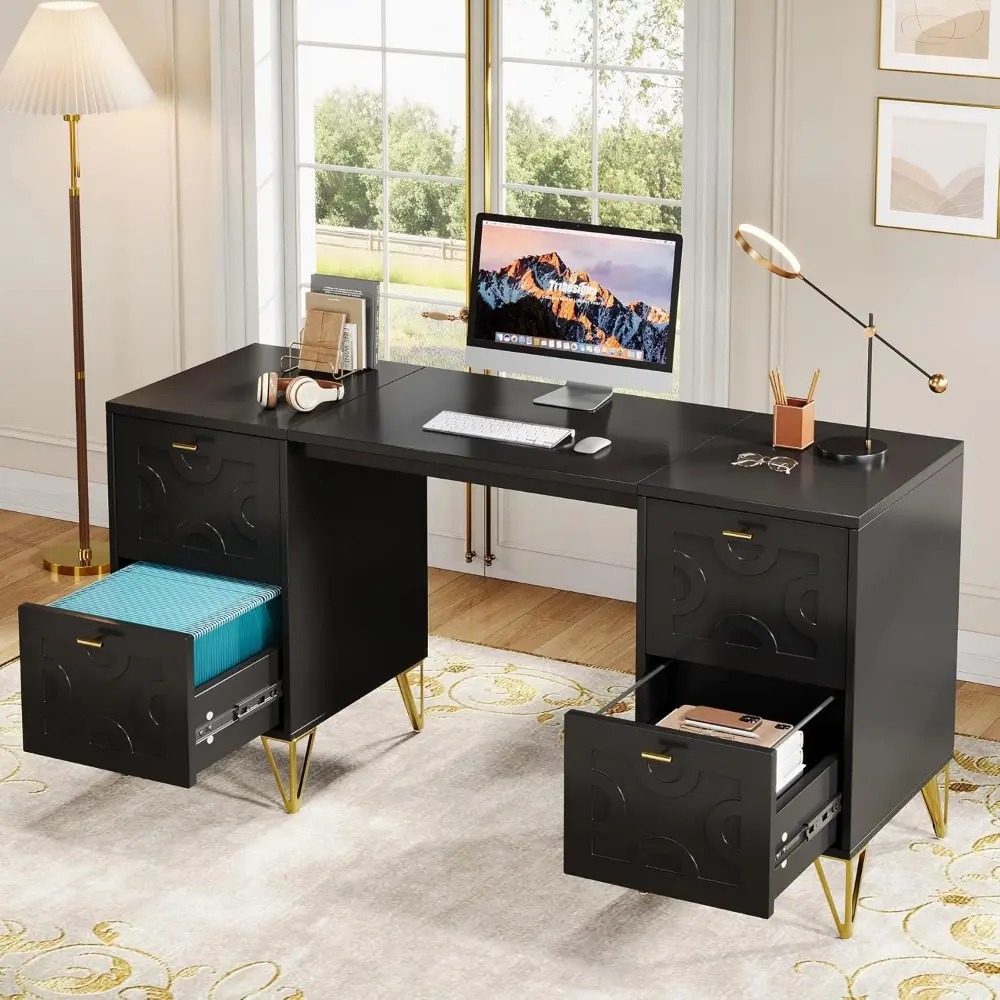 59-Inch Black Executive Computer Desk with 4 File Drawers Storage, Modern Writing Table, Luxury Desk with Gold Legs for Home Of