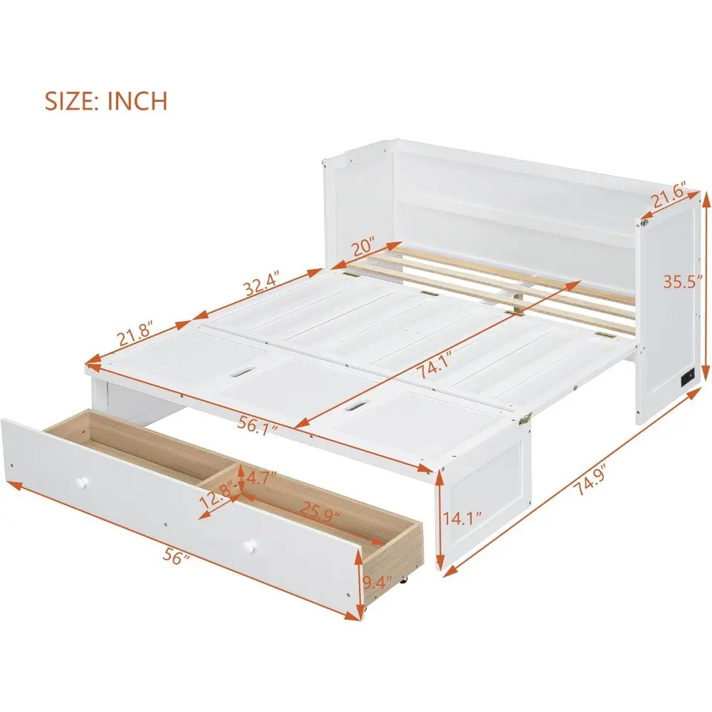 Merax Murphy Bed with USB Port and a Large Drawer, Converts to Cabinet, Sturdy Cabinet Bed for Bedroom, Full Size, White