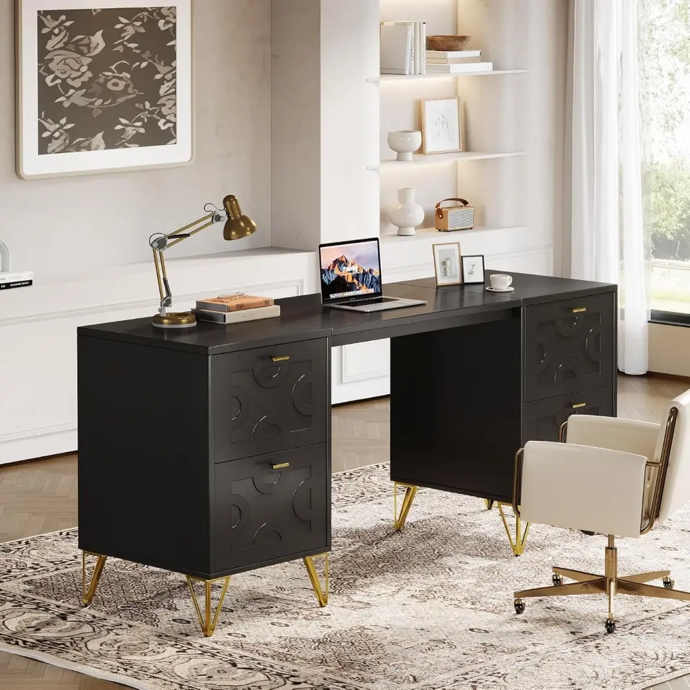59-Inch Black Executive Computer Desk with 4 File Drawers Storage, Modern Writing Table, Luxury Desk with Gold Legs for Home Of