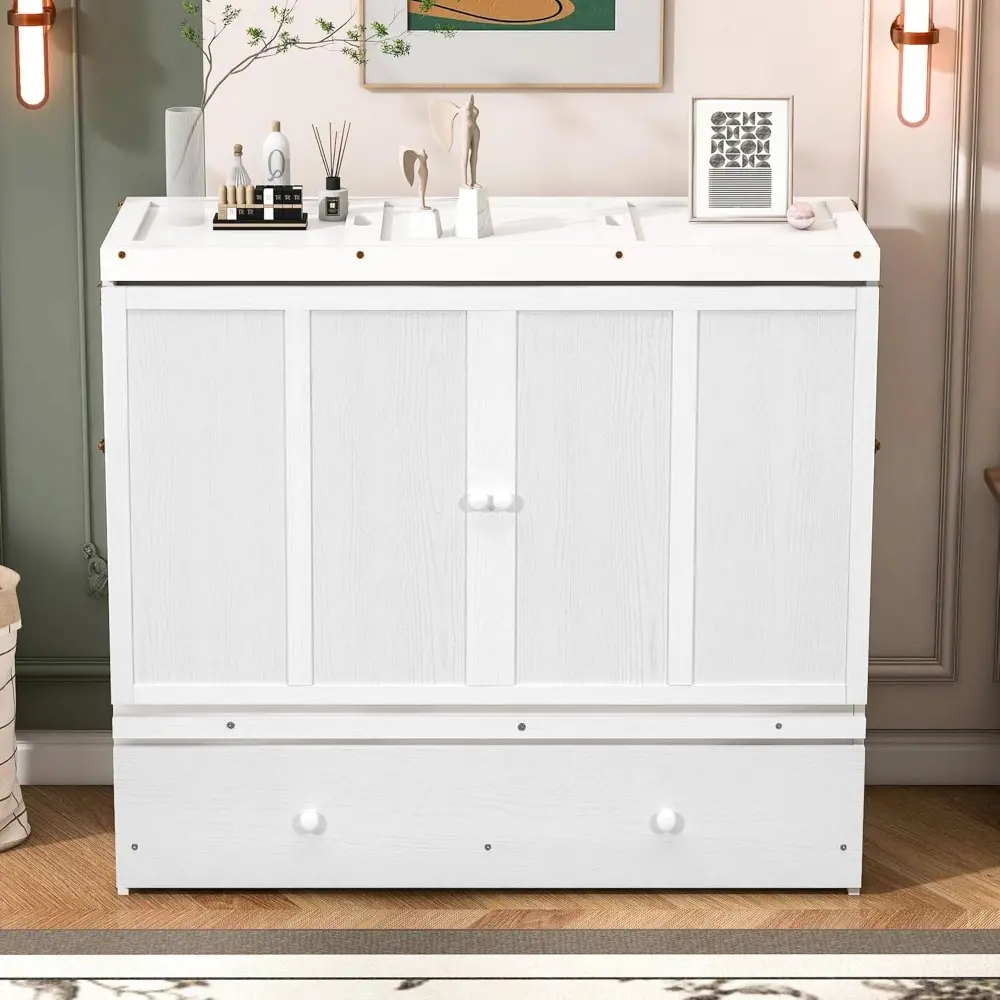 Merax Murphy Bed with USB Port and a Large Drawer, Converts to Cabinet, Sturdy Cabinet Bed for Bedroom, Full Size, White