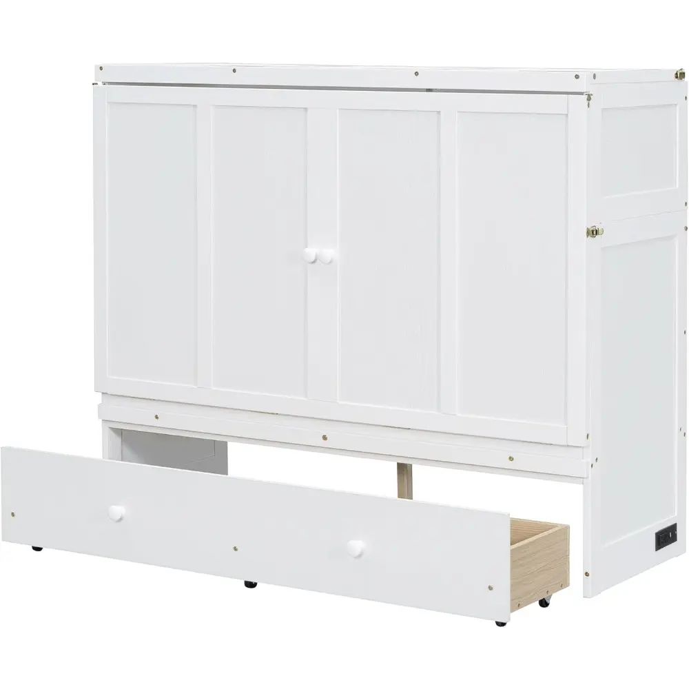 Merax Murphy Bed with USB Port and a Large Drawer, Converts to Cabinet, Sturdy Cabinet Bed for Bedroom, Full Size, White