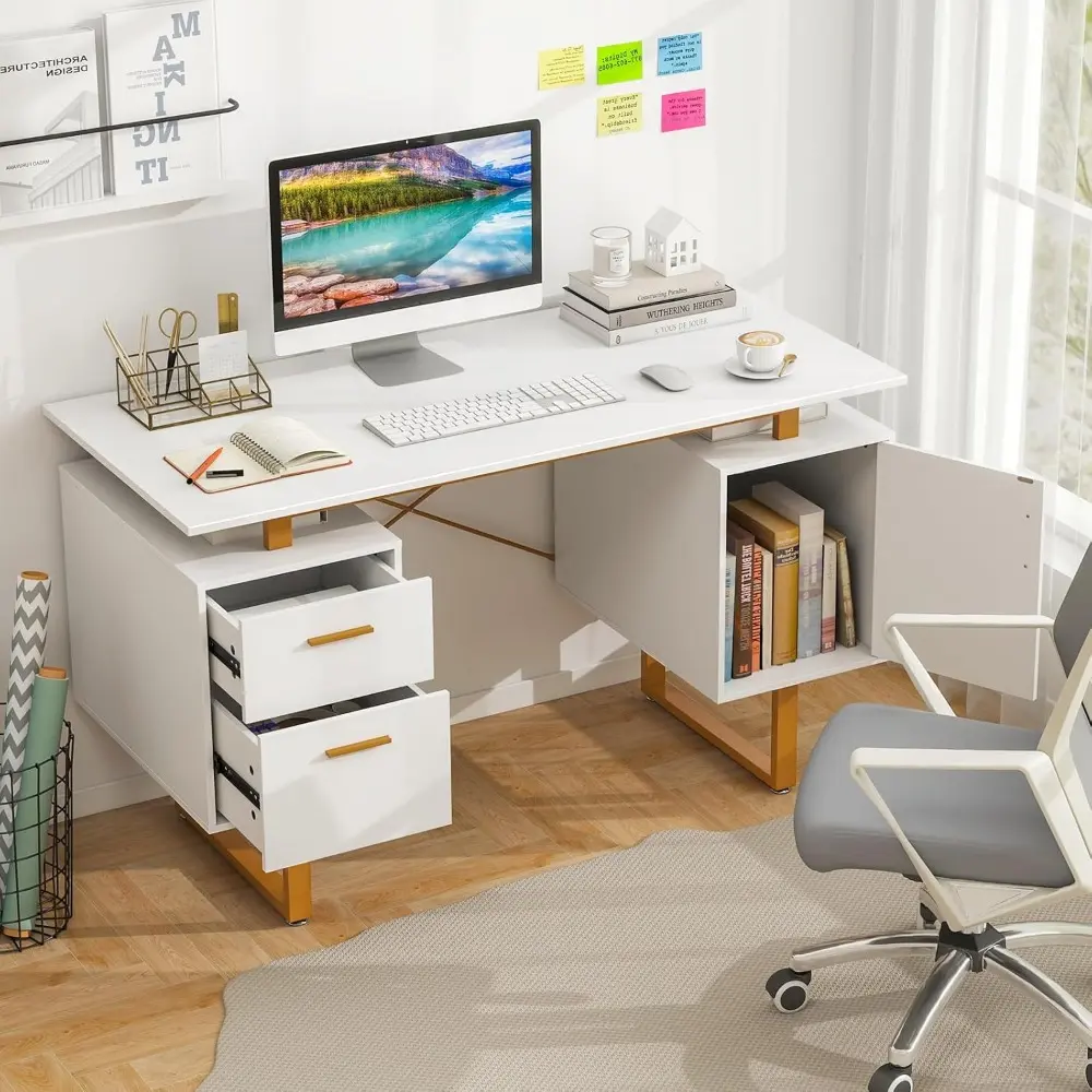 Modern White Home Office Desk with Storage Drawers & Cabinet, Floating Desktop, Golden Metal Frame