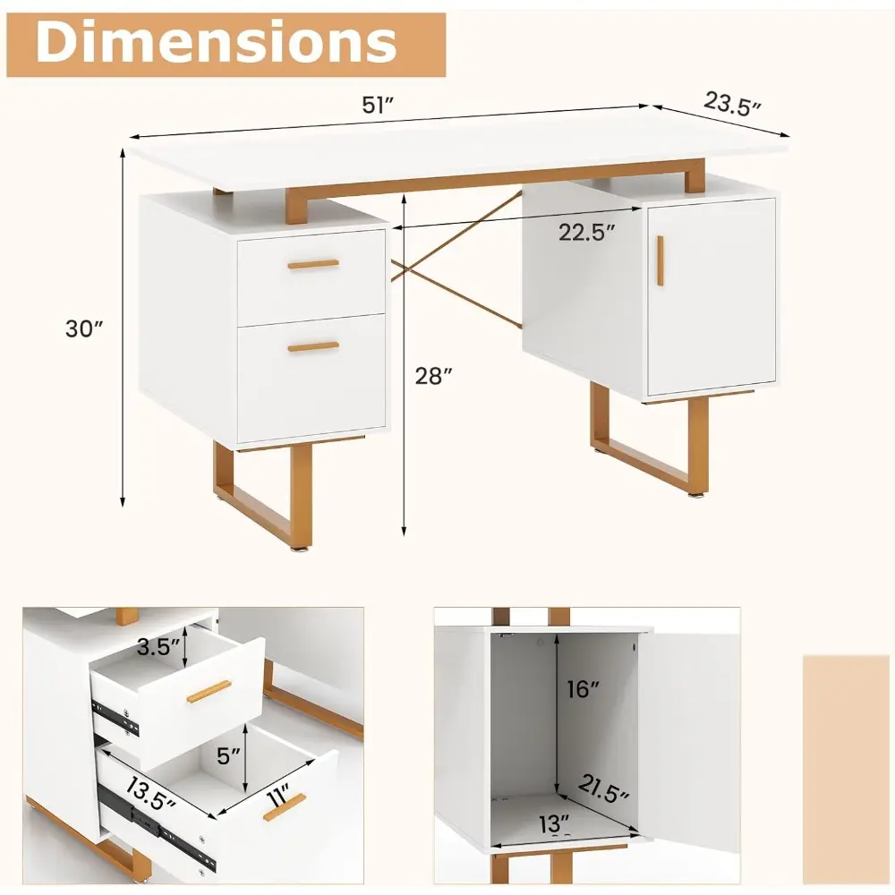 Modern White Home Office Desk with Storage Drawers & Cabinet, Floating Desktop, Golden Metal Frame