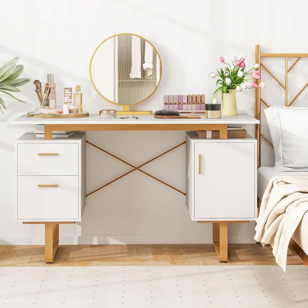 Modern White Home Office Desk with Storage Drawers & Cabinet, Floating Desktop, Golden Metal Frame