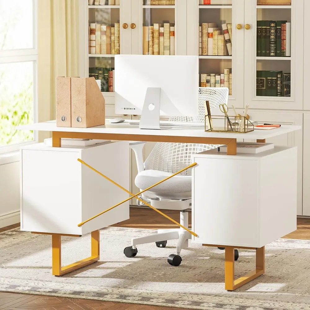 Modern White Home Office Desk with Storage Drawers & Cabinet, Floating Desktop, Golden Metal Frame