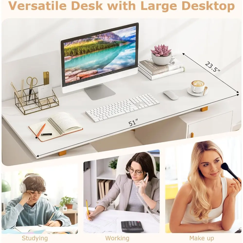 Modern White Home Office Desk with Storage Drawers & Cabinet, Floating Desktop, Golden Metal Frame