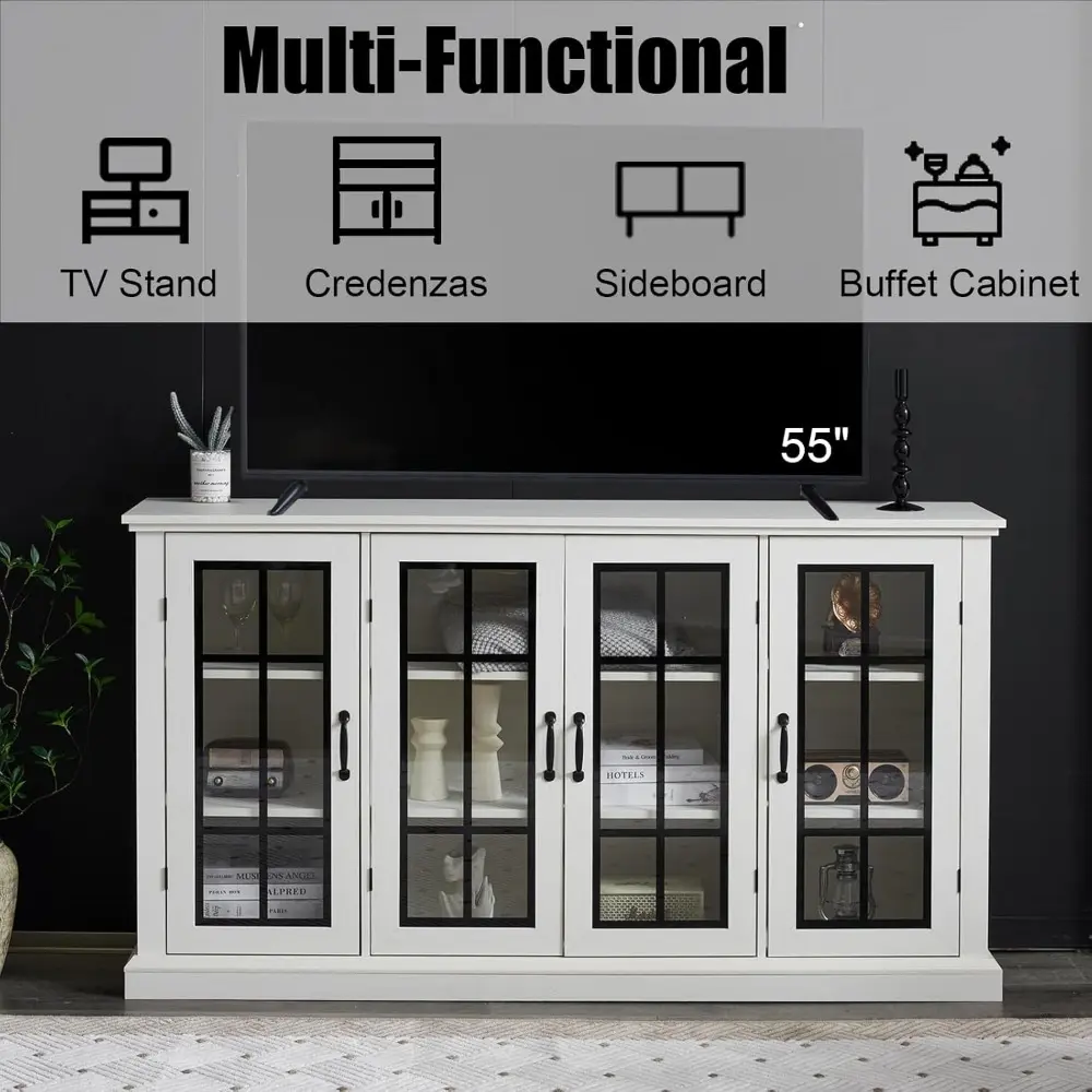 63" Sideboard, 6 Adjustable Shelves Sideboard Buffet Cabinet with 4 Doors, Accent Storage Credenzas for Dining Room, Living Roo