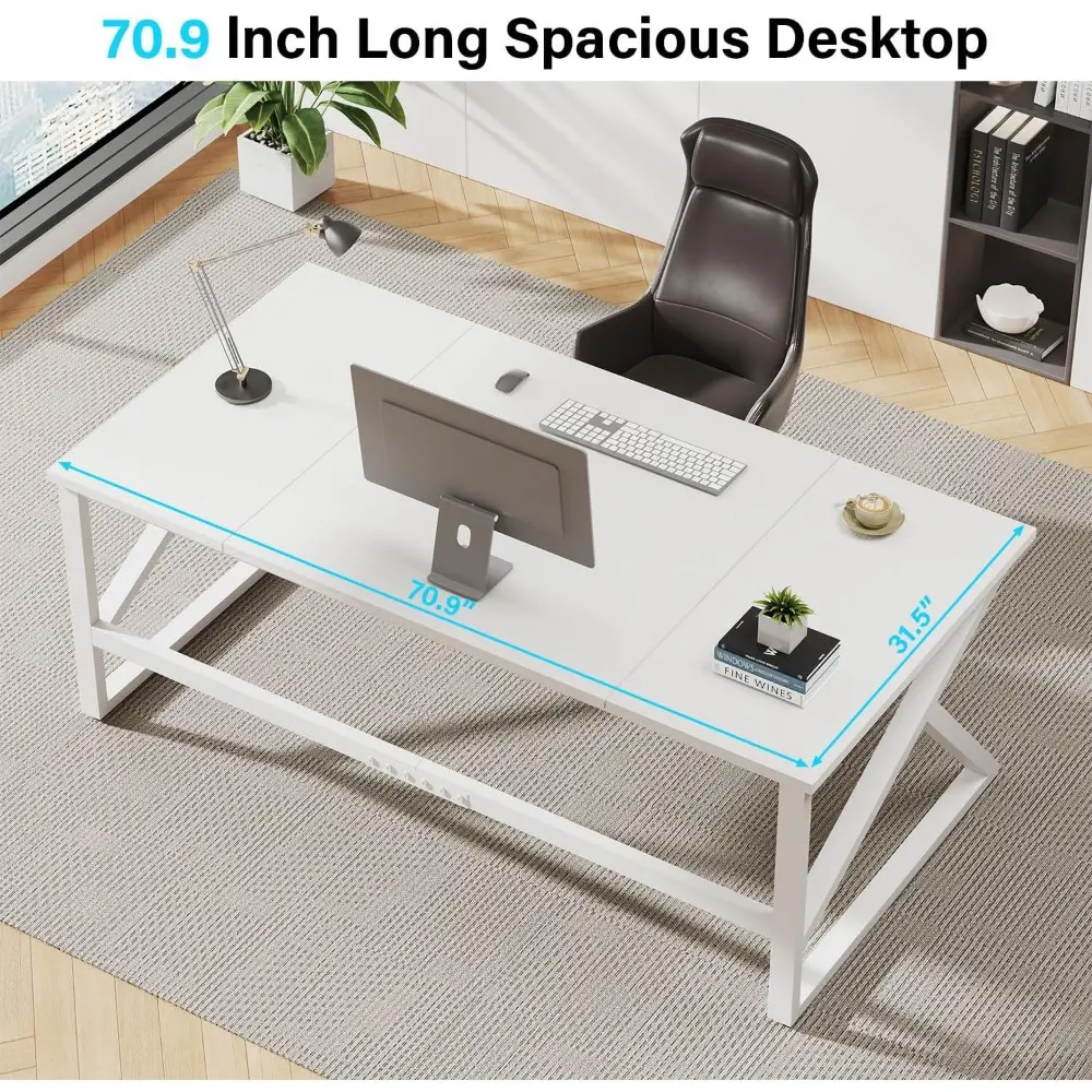 Large White Desk, Wooden and Metal 70 Inch Computer Desk, Modern Extra Long Double Desks for Home Office Executive Writing Stud