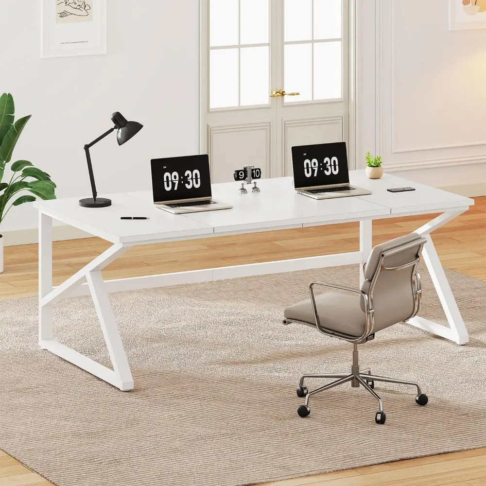 Large White Desk, Wooden and Metal 70 Inch Computer Desk, Modern Extra Long Double Desks for Home Office Executive Writing Stud