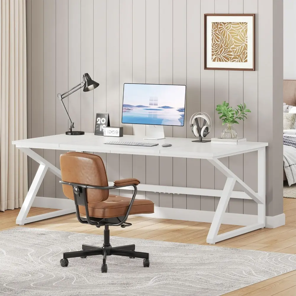 Large White Desk, Wooden and Metal 70 Inch Computer Desk, Modern Extra Long Double Desks for Home Office Executive Writing Stud