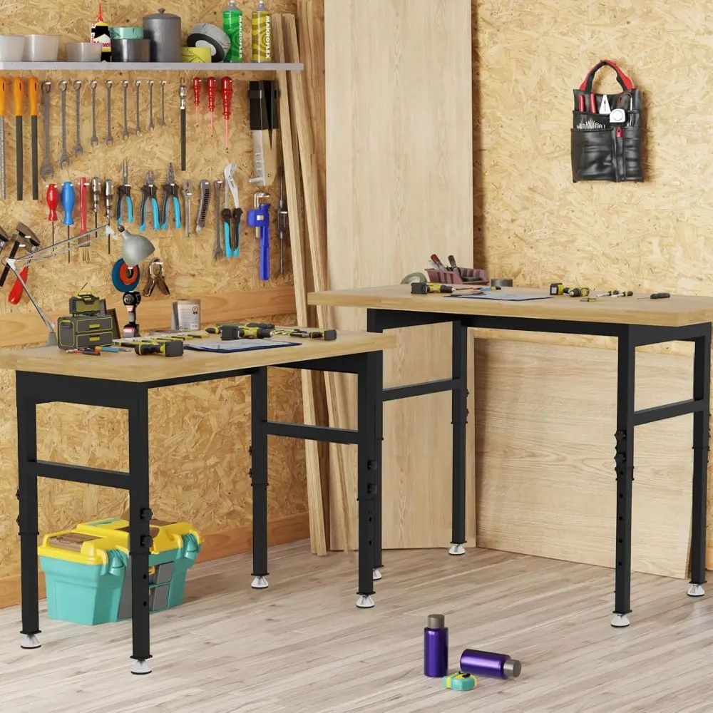 48'' Adjustable Workbench, Solid Wood Work Bench Table, Metal Tool Bench Work Bench with Power Outlet, Heavy Duty Large Load Cap