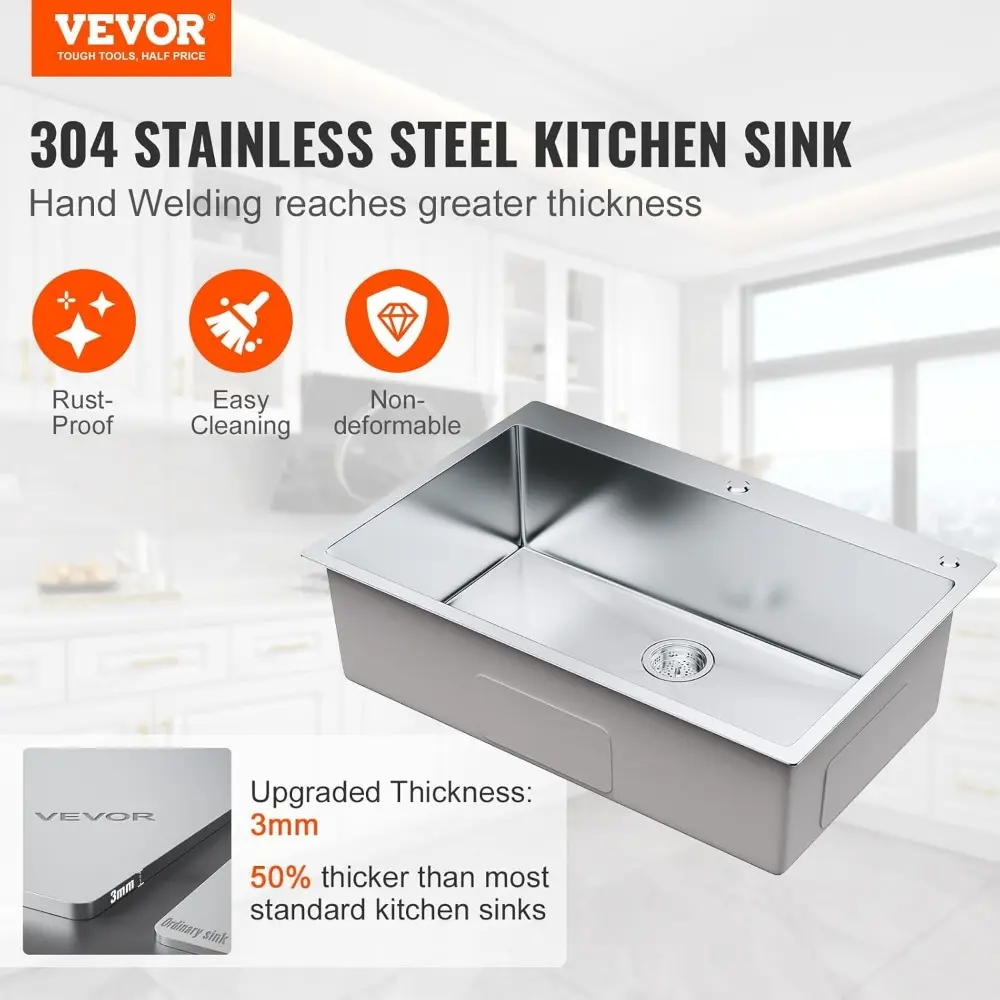 Kitchen Sink, 304 Stainless Steel Drop-In Sinks, Top Mount Single Bowl Basin with Accessories, Household Dishwasher Sinks for W