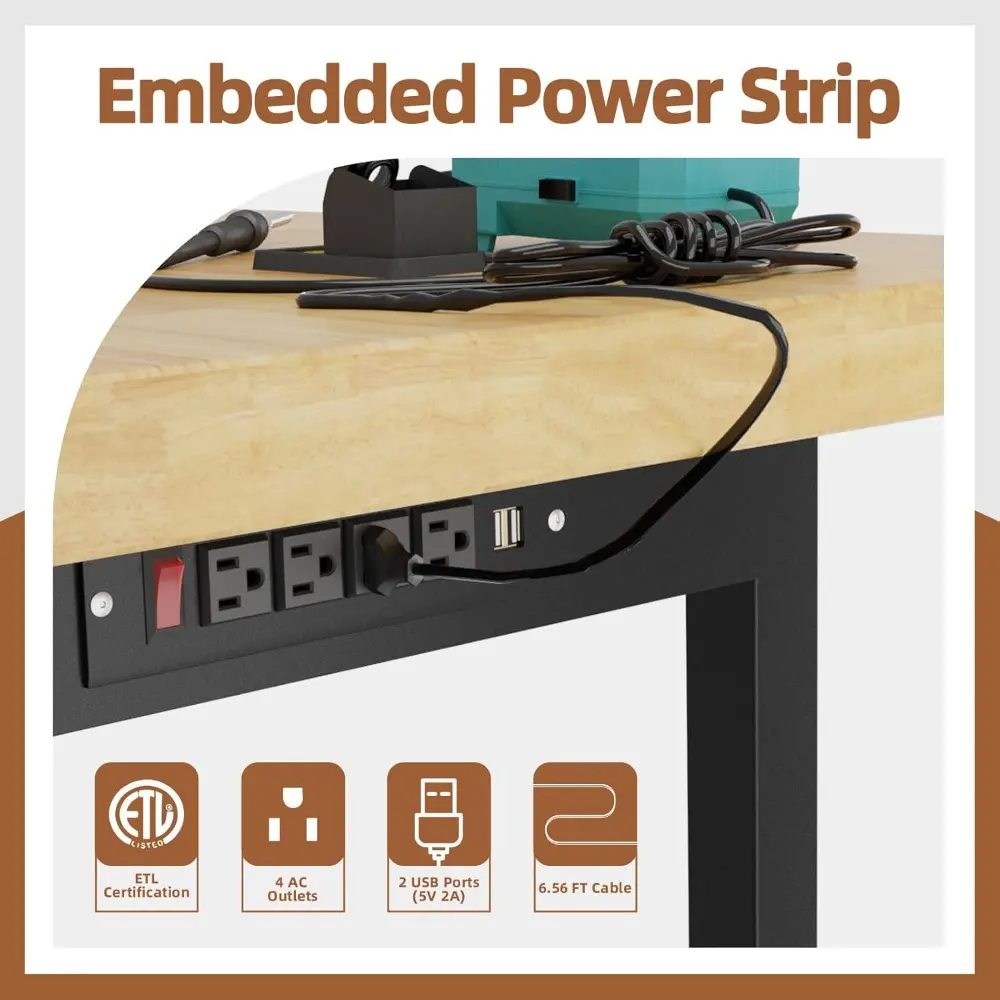48'' Adjustable Workbench, Solid Wood Work Bench Table, Metal Tool Bench Work Bench with Power Outlet, Heavy Duty Large Load Cap