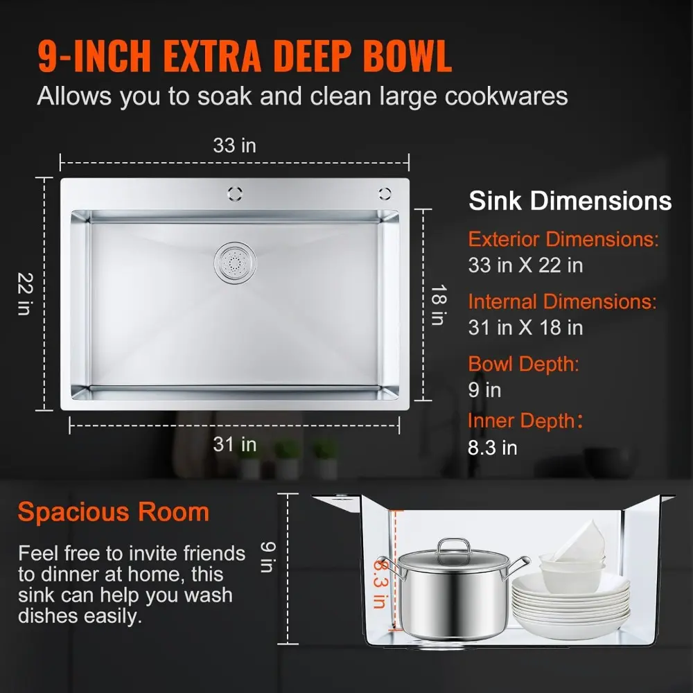 Kitchen Sink, 304 Stainless Steel Drop-In Sinks, Top Mount Single Bowl Basin with Accessories, Household Dishwasher Sinks for W