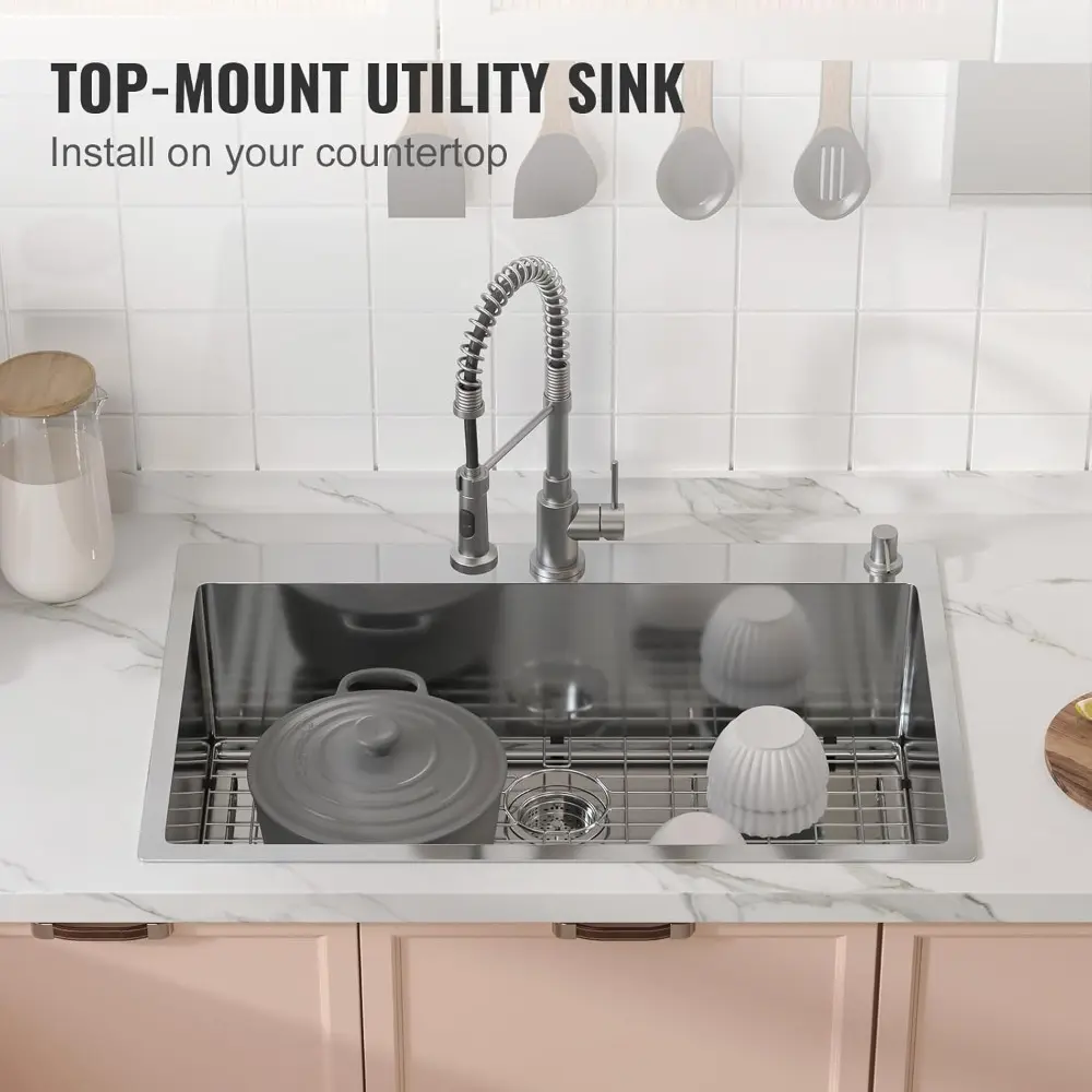 Kitchen Sink, 304 Stainless Steel Drop-In Sinks, Top Mount Single Bowl Basin with Accessories, Household Dishwasher Sinks for W