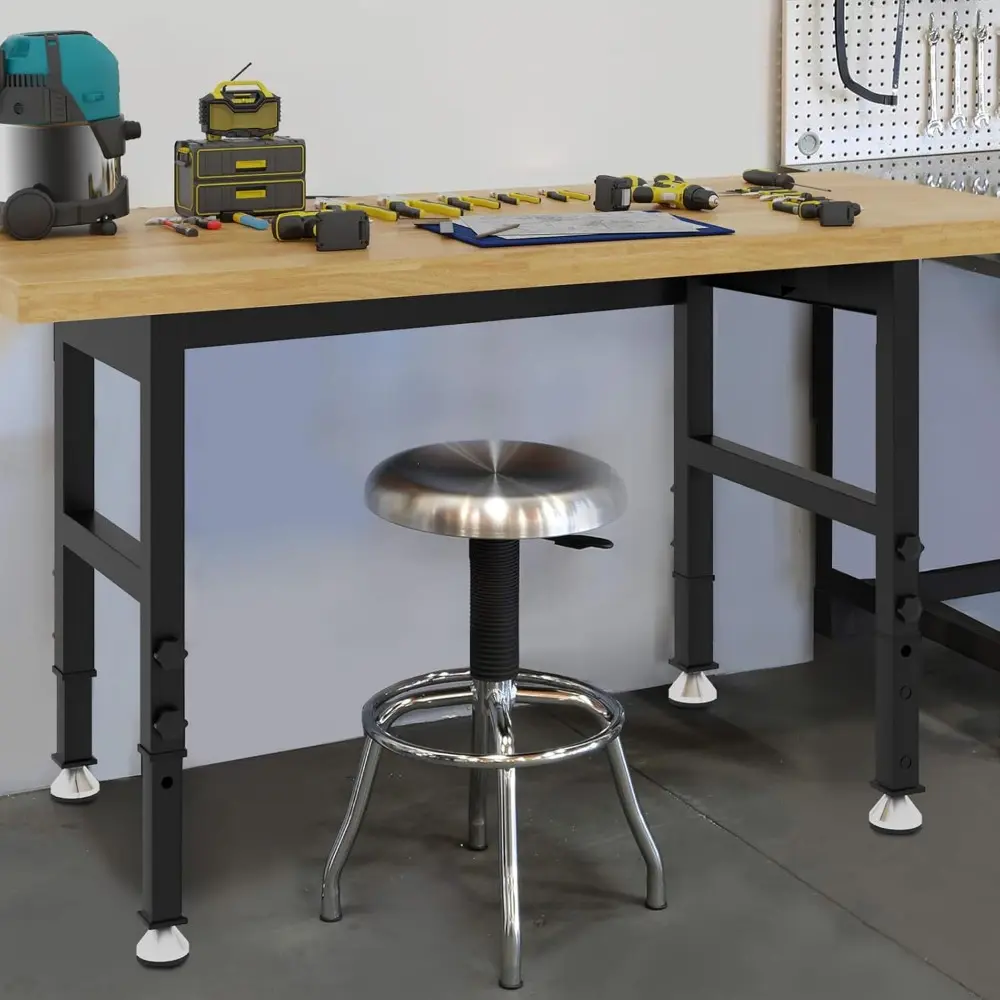 48'' Adjustable Workbench, Solid Wood Work Bench Table, Metal Tool Bench Work Bench with Power Outlet, Heavy Duty Large Load Cap