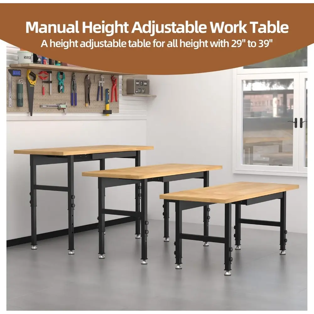 48'' Adjustable Workbench, Solid Wood Work Bench Table, Metal Tool Bench Work Bench with Power Outlet, Heavy Duty Large Load Cap