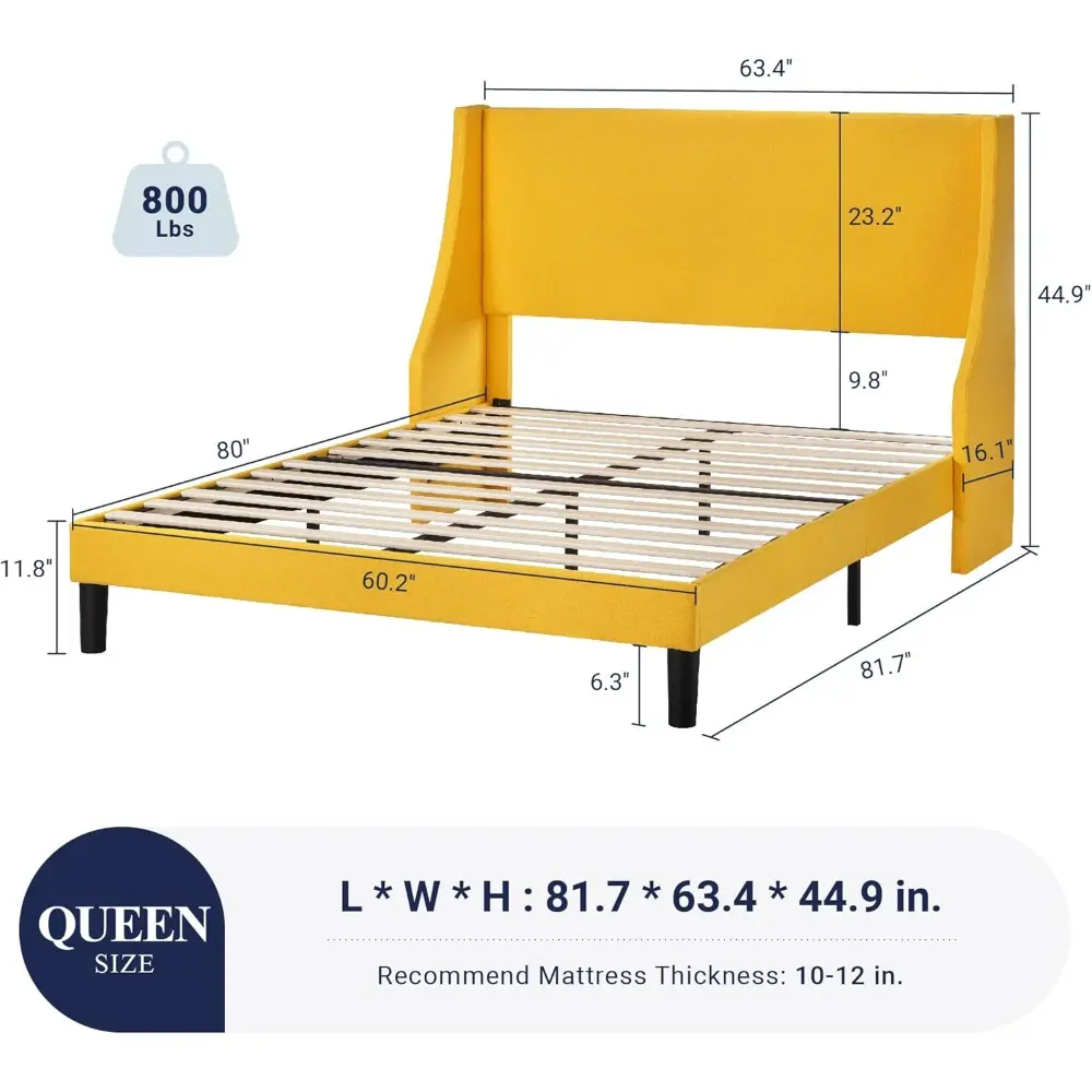 Allewie Platform Bed Frame Queen Size with Upholstered Headboard, Modern Deluxe Wingback, Wood Slat Support, Mattress Foundation