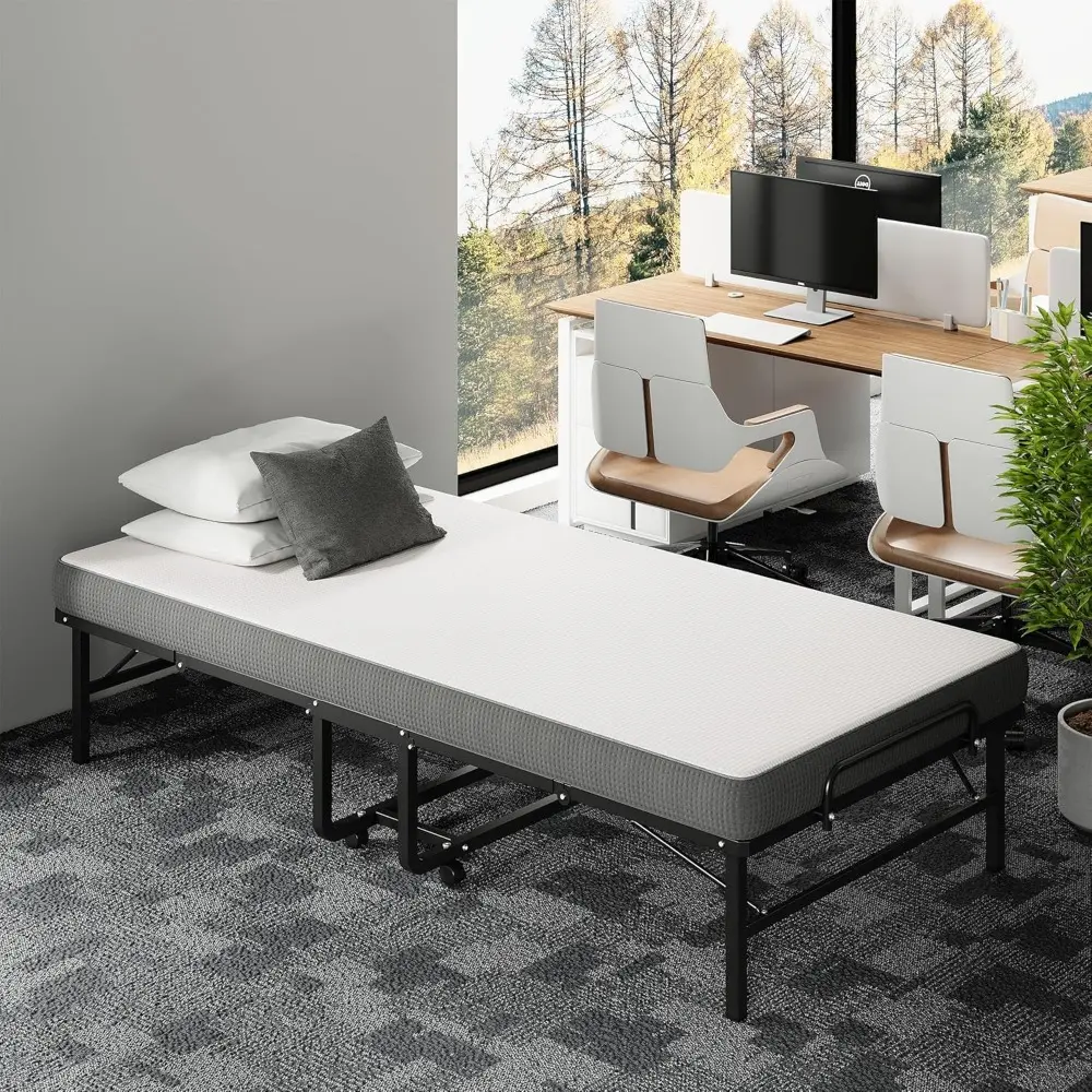 LKIMIO Folding Bed, 80" x 39" Portable Roll Away Foldable Beds with Mattresses for Adults, Sturdy Metal Frame, Space Saving Fold