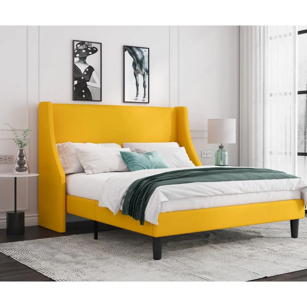 Allewie Platform Bed Frame Queen Size with Upholstered Headboard, Modern Deluxe Wingback, Wood Slat Support, Mattress Foundation