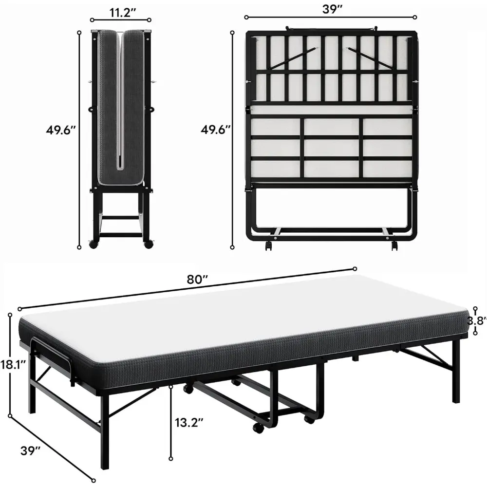 LKIMIO Folding Bed, 80" x 39" Portable Roll Away Foldable Beds with Mattresses for Adults, Sturdy Metal Frame, Space Saving Fold