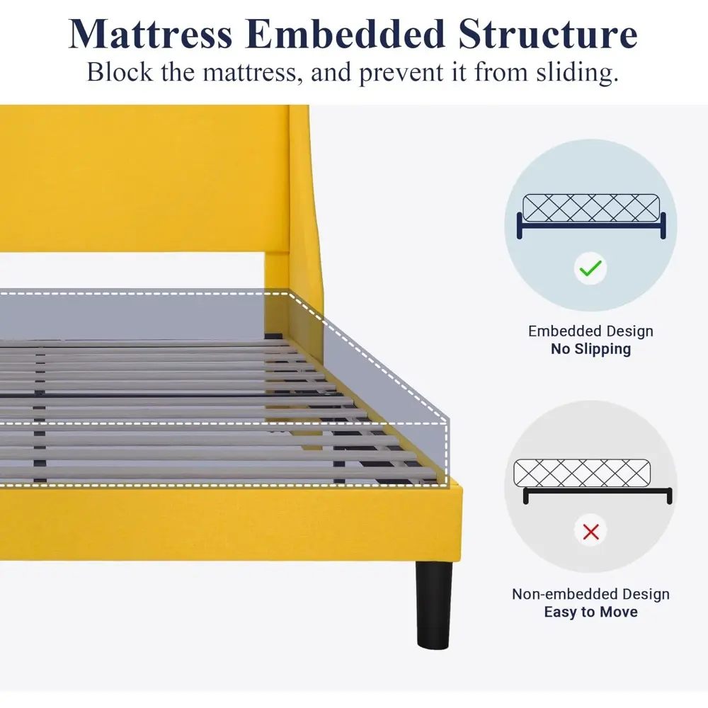 Allewie Platform Bed Frame Queen Size with Upholstered Headboard, Modern Deluxe Wingback, Wood Slat Support, Mattress Foundation
