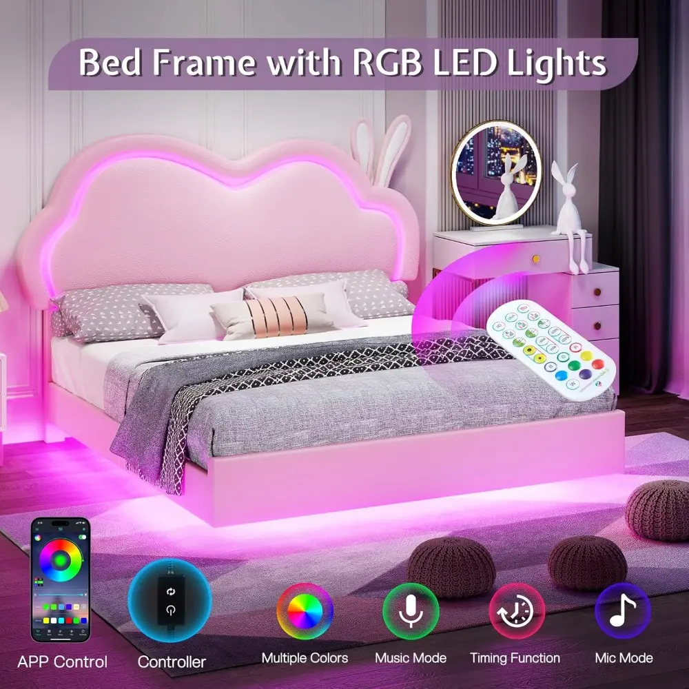 Jocisland LED Full Bed Frame for Girls Upholstered Floating Bed with Cute Cloud Headboard, No Box Spring Needed, Leather, Pink