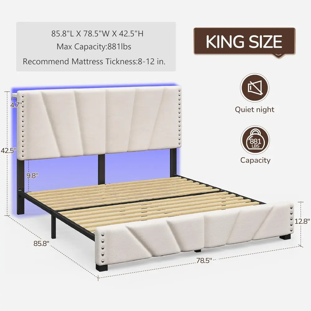 EnHomee King Size Bed Frame with Velvet Headboard and LED Lights， Storage Headboard Platform Bed with Charging Station, Sturdy W