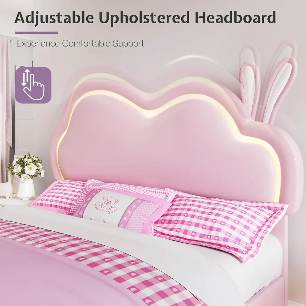 Jocisland LED Full Bed Frame for Girls Upholstered Floating Bed with Cute Cloud Headboard, No Box Spring Needed, Leather, Pink