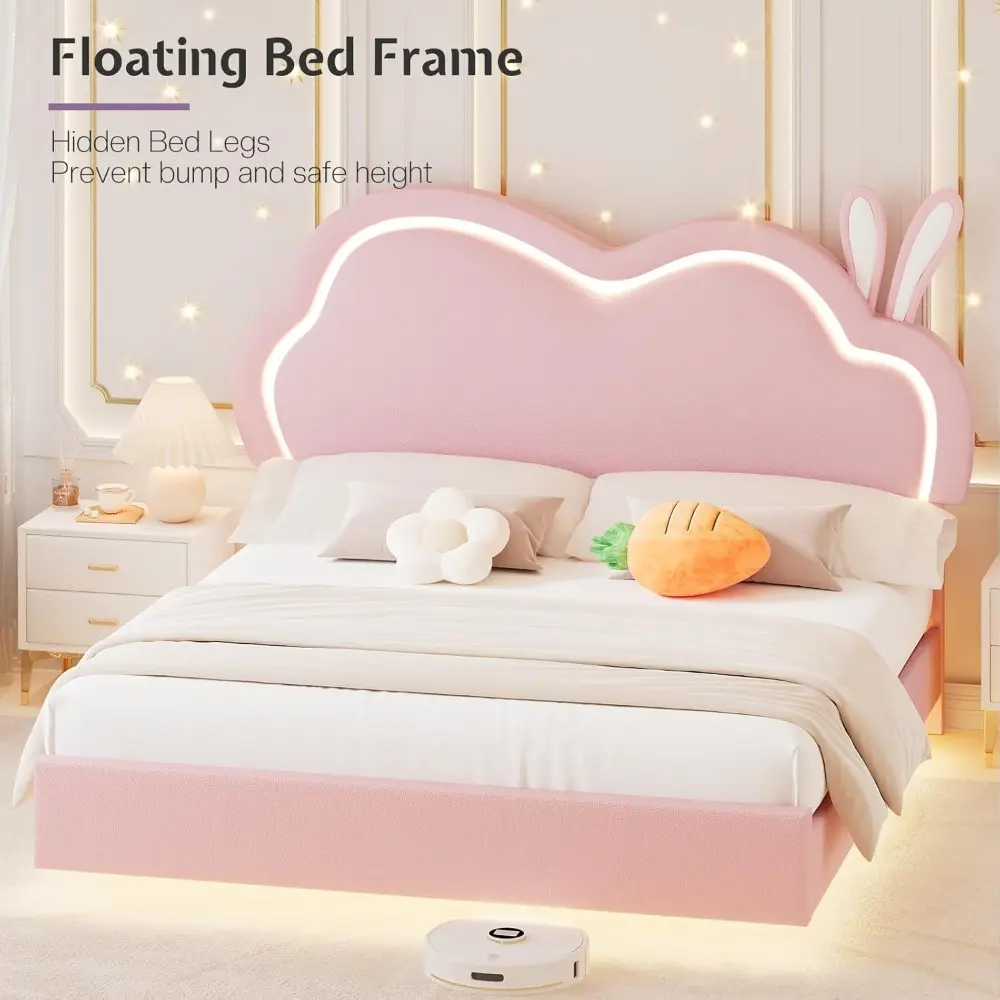Jocisland LED Full Bed Frame for Girls Upholstered Floating Bed with Cute Cloud Headboard, No Box Spring Needed, Leather, Pink