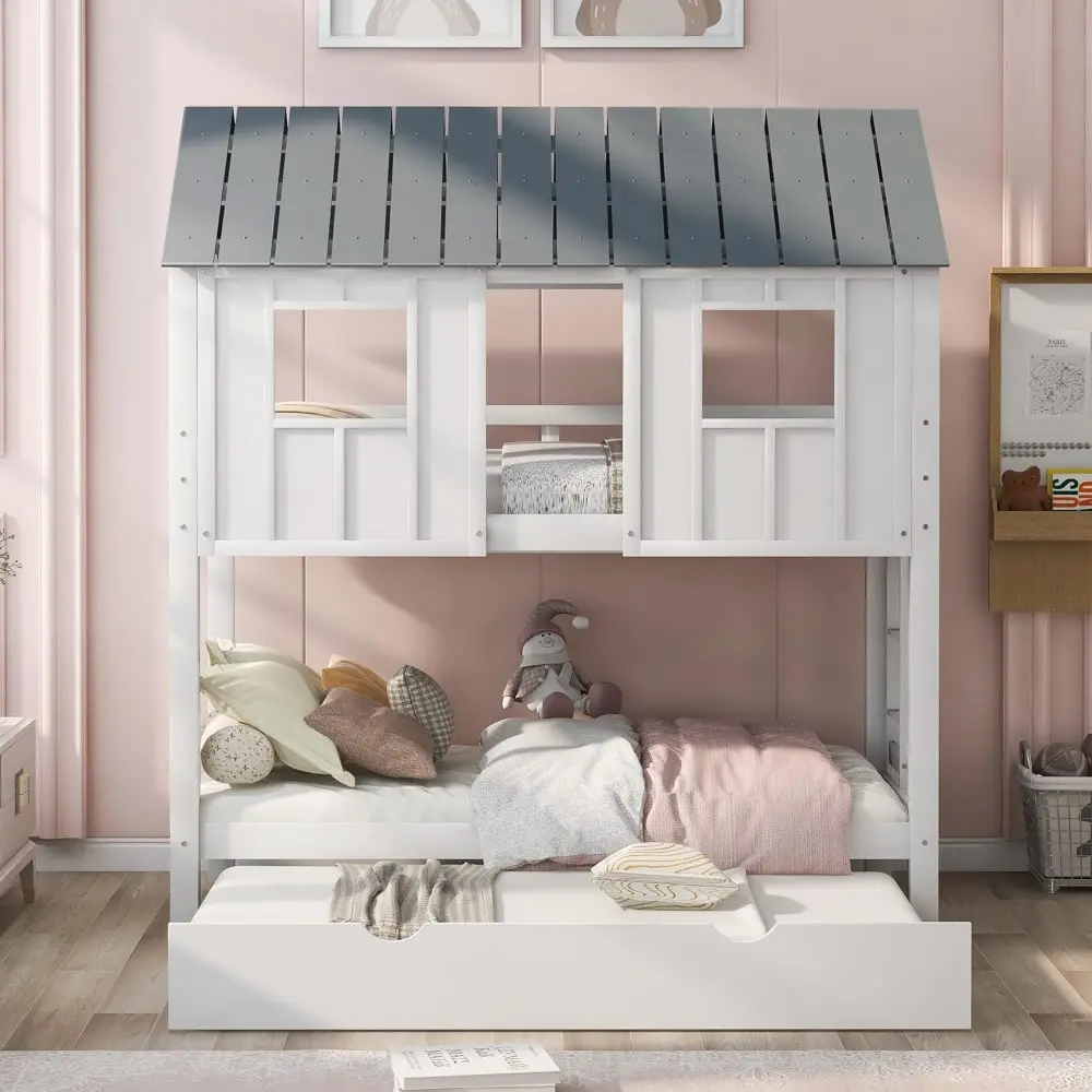 Merax Twin Over Twin Bunk Bed with Trundle,Roof and Windows,House-Shaped Wood Bunk Bed for with Built-in Ladder and Guardrail fo